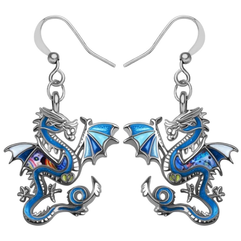 Silver and Multicolor Enamel Mythical Dragon Dangling French Wire Hook Earrings